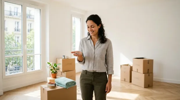 Une femme tient les clés de son nouveau logement