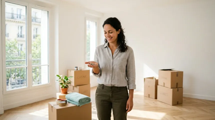 Une femme tient les clés de son nouveau logement, cartons autour d'elle
