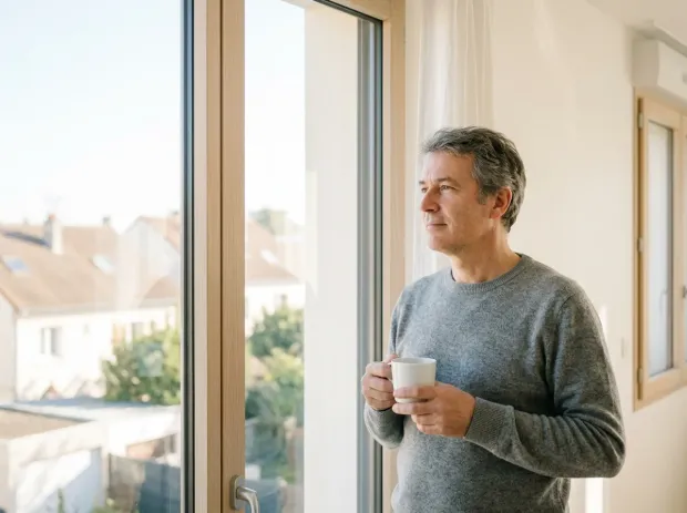 Un homme prend son café devant la fenêtre, détendu