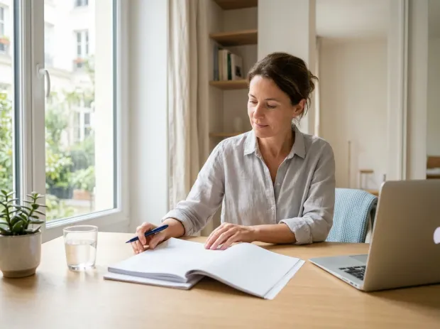 Des documents et un ordinateur sur une table, une main tenant un stylo