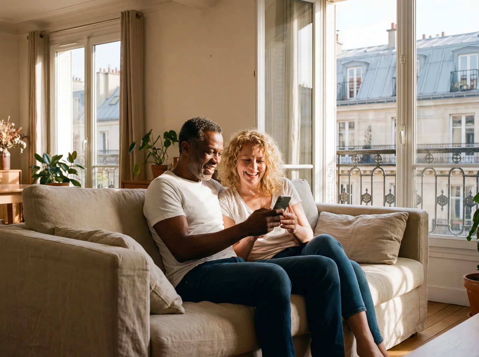 Un couple consulte ses documents de prêt immobilier installé dans son salon